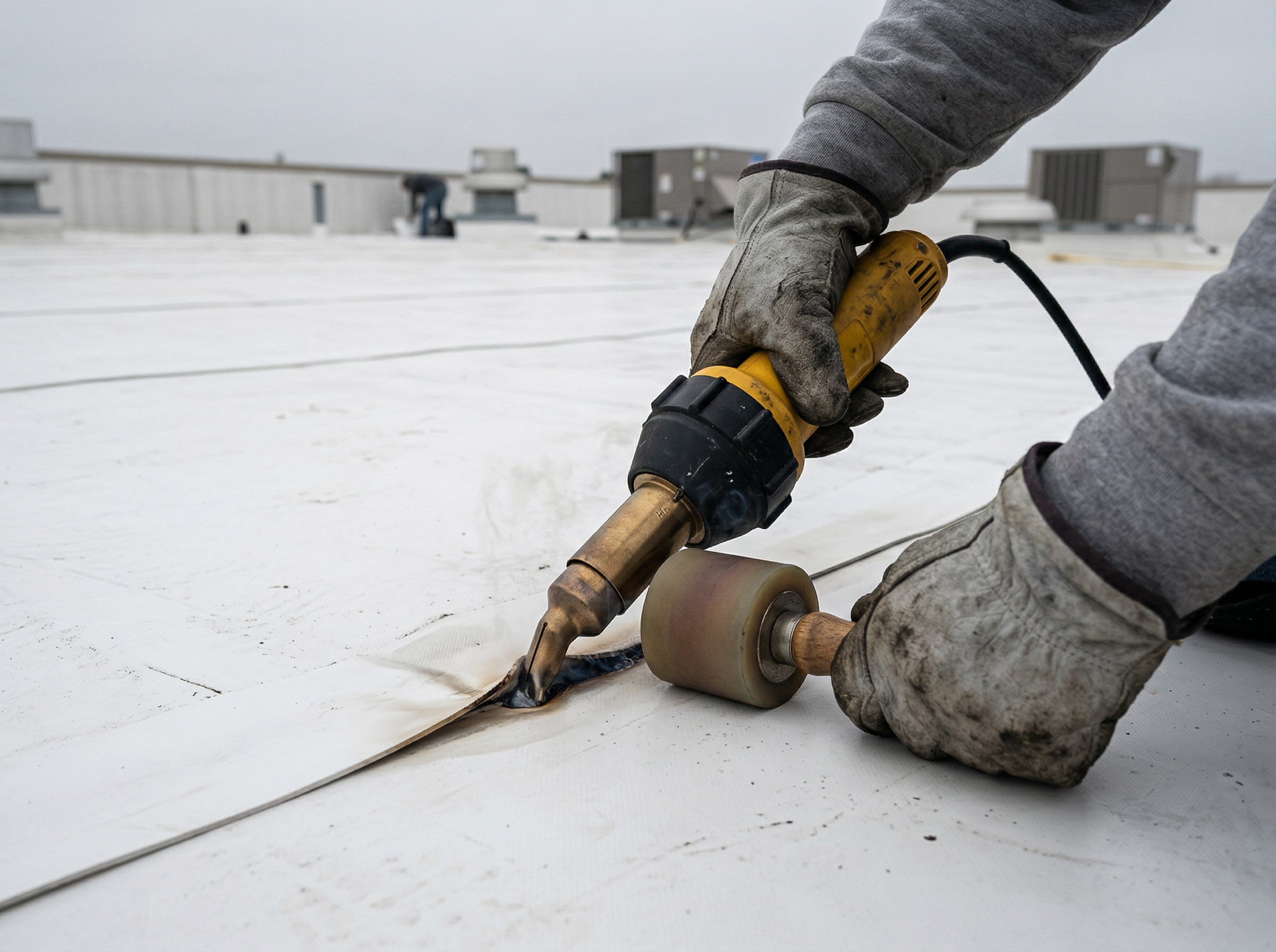 Close-up of a hand-held hot-air welder fusing two sheets of white TPO membrane on a commercial roof