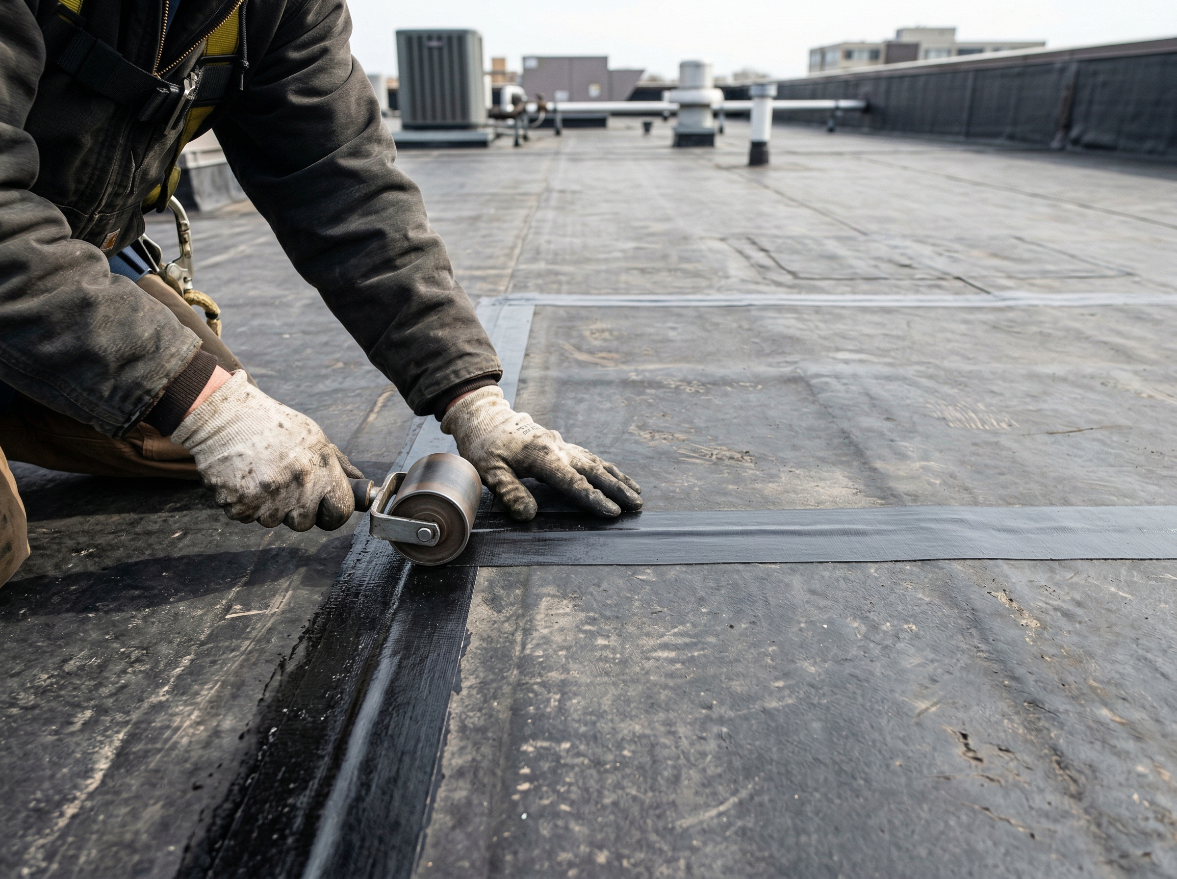 Roofer applying seam tape between two sheets of black EPDM rubber membrane on a commercial roof