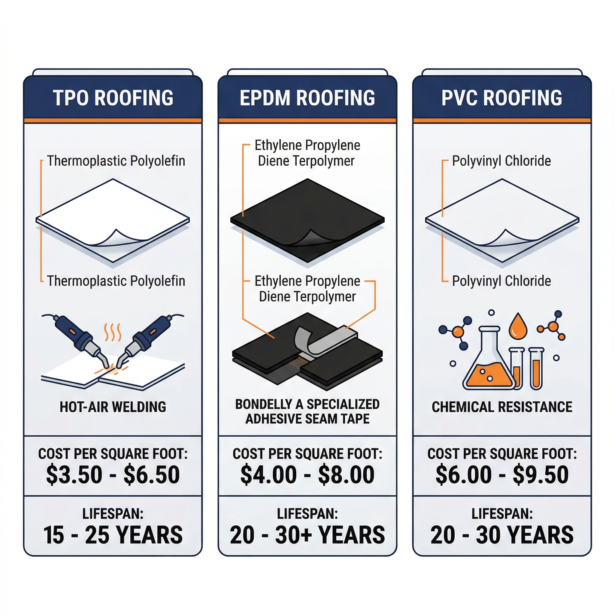 Infographic comparing TPO, EPDM, and PVC commercial roofing membranes by cost, lifespan, and seam method