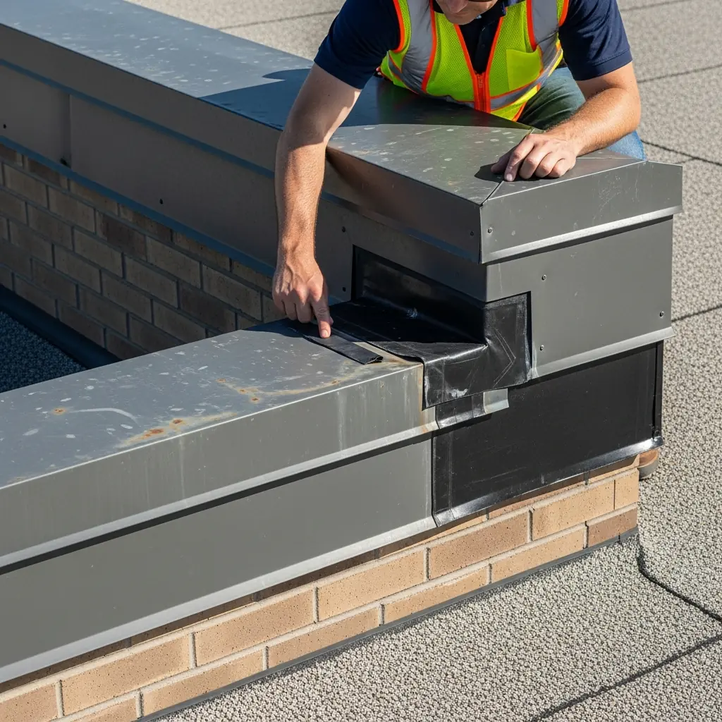 Commercial building parapet wall with metal coping being inspected for flashing condition and sealant integrity