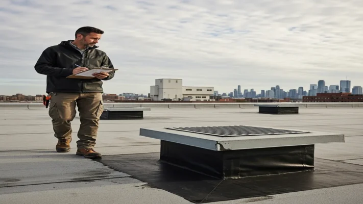 Professional commercial roofing inspector with clipboard walking flat roof inspecting drainage system on industrial building Ontario