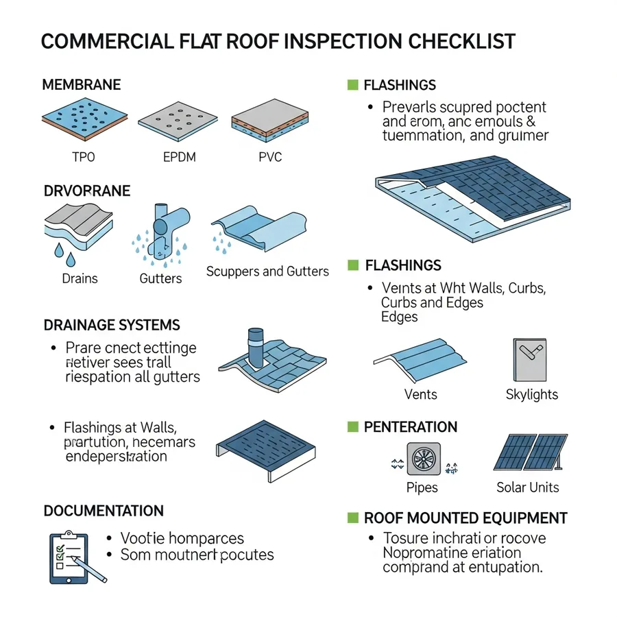 Property manager commercial flat roof inspection checklist infographic covering membrane drainage flashings penetrations and documentation steps