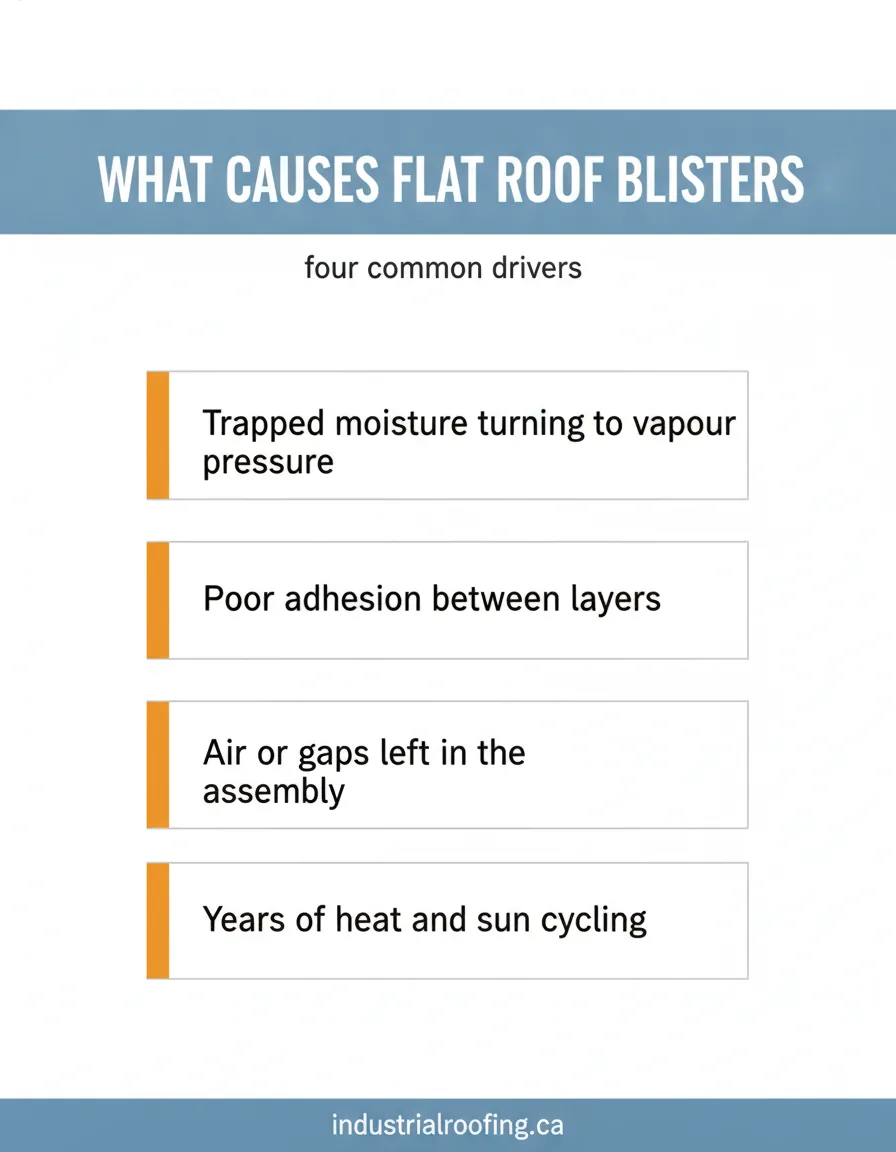 Infographic of four common causes of flat roof blisters