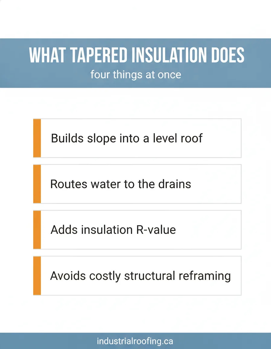 Infographic of four things tapered insulation does on a flat roof