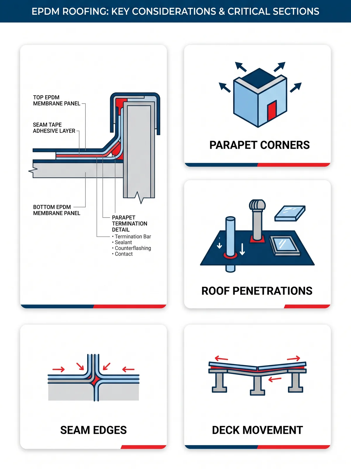 diagram of an EPDM membrane seam cross section and common stress points for seam separation